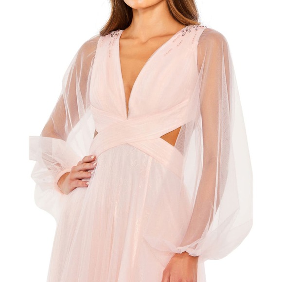Mac Duggal NEW Tulle Sheer Long Sleeve Cut Out Lace Up A-line Gown Blush Size 6 - Picture 3 of 16